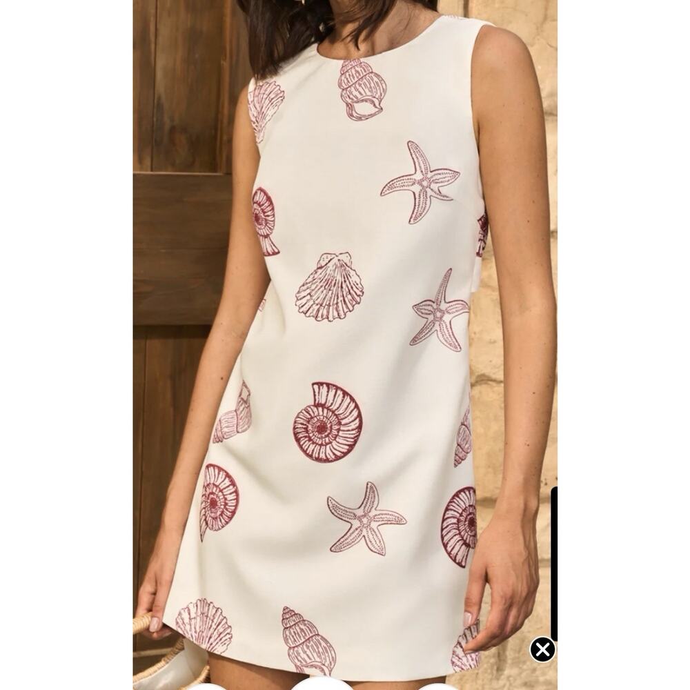 Commense White And Burgundy Seashell Print Sleeveless Dress Size Large